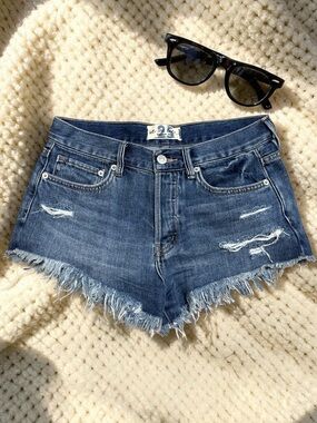 WE THE FREE (25) Denim Mini Shorts Mid-Rise Frayed Hem Distressed Soft Jean